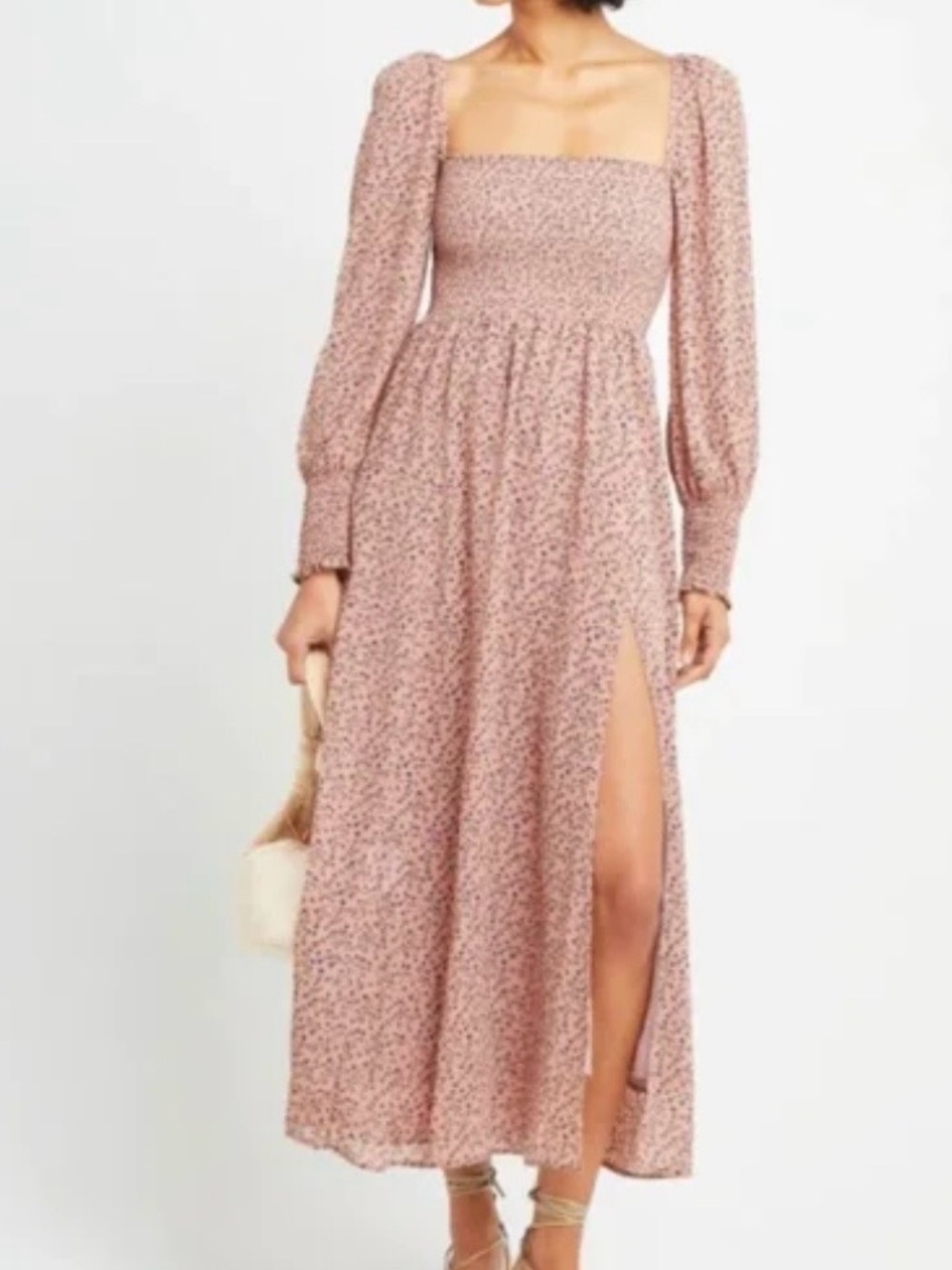 Pink Floral Smocked Maxi Dress with Long Puff Sleeves